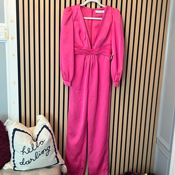Mac Duggal- Plunge Neck Long Sleeve Satin Jumpsuit